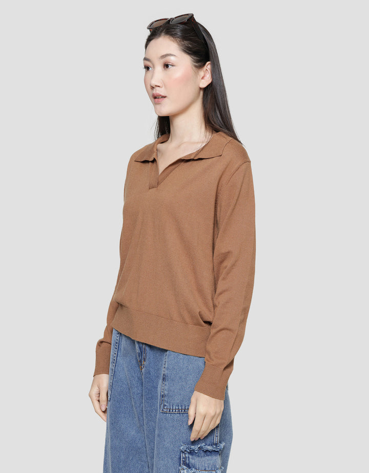 Connexion Kerah V Neck Rajut Kaos Lengan Panjang Wanita