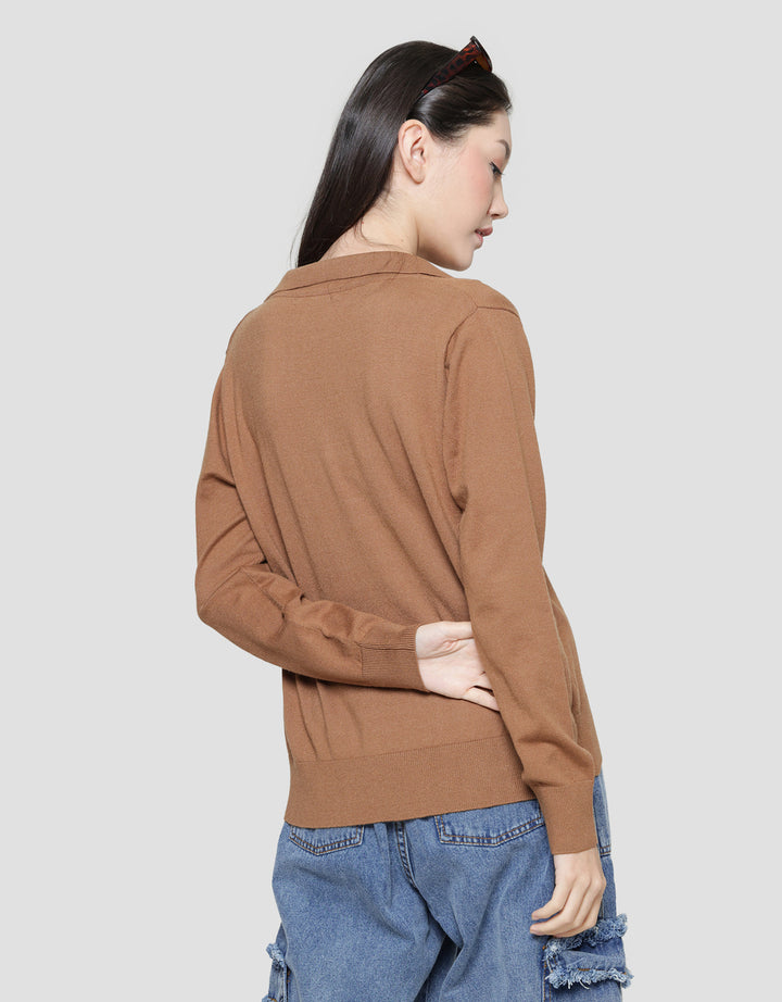 Connexion Kerah V Neck Rajut Kaos Lengan Panjang Wanita