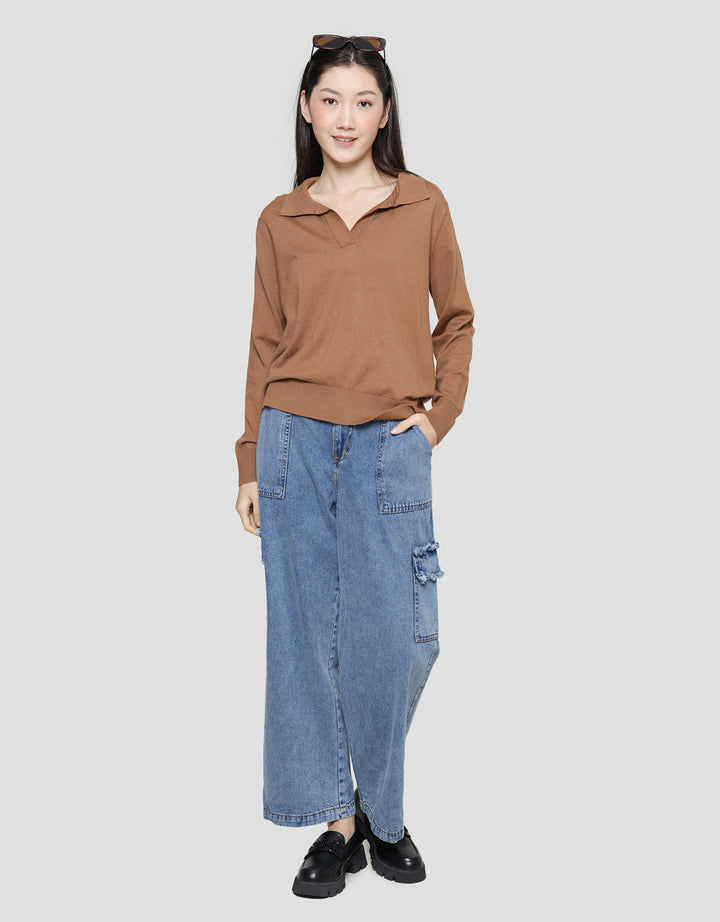 Connexion Kerah V Neck Rajut Kaos Lengan Panjang Wanita