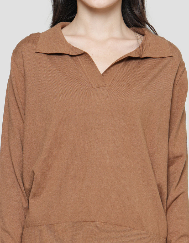 Connexion Kerah V Neck Rajut Kaos Lengan Panjang Wanita