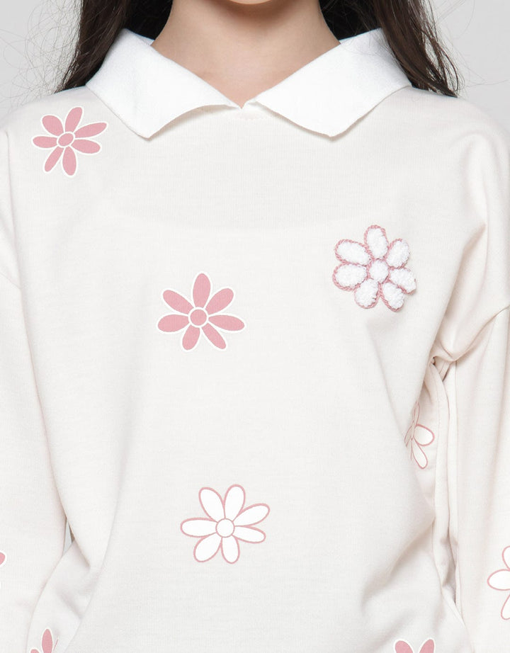 Nevada Knit With Collar And Chenille Flowers Girls Sweater