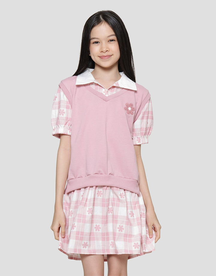 Nevada Collar Knit Combination Woven Midi Dress Anak Perempuan