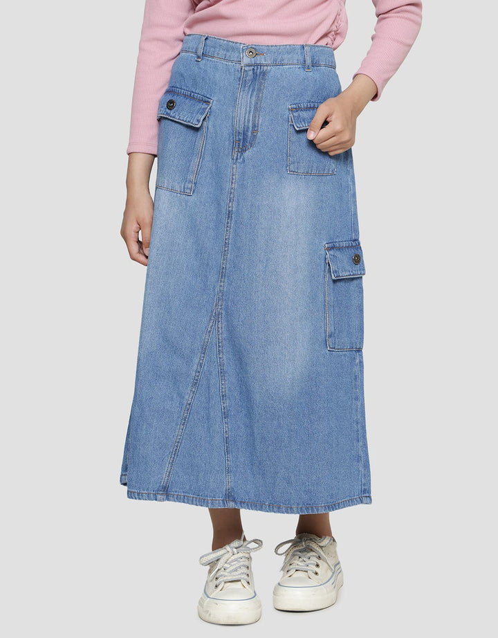 Nevada Slit Denim With Pocket Cargo Girls Midi Skirt
