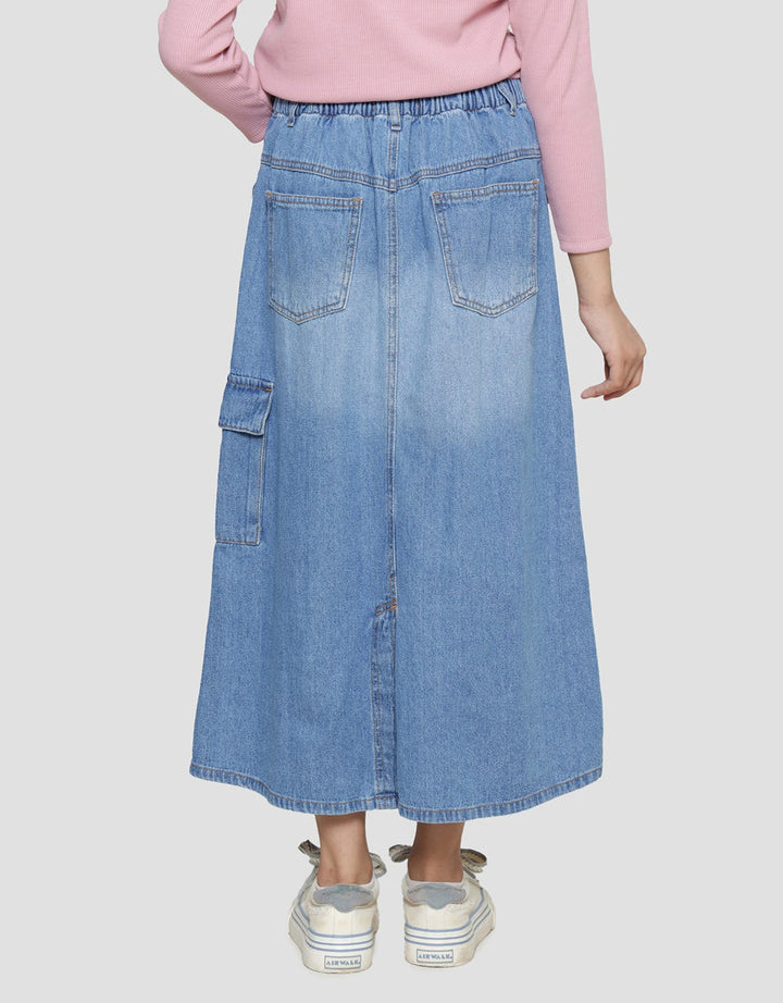 Nevada Slit Denim With Pocket Cargo Girls Midi Skirt
