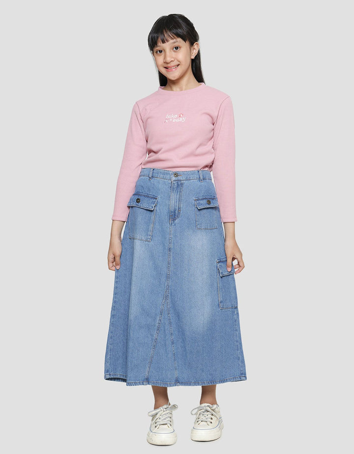 Nevada Slit Denim With Pocket Cargo Girls Midi Skirt