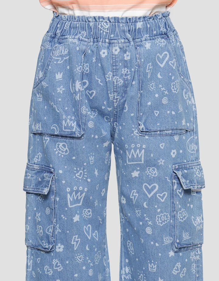 Nevada Wideleg Full Print Girls Denim Long Pants