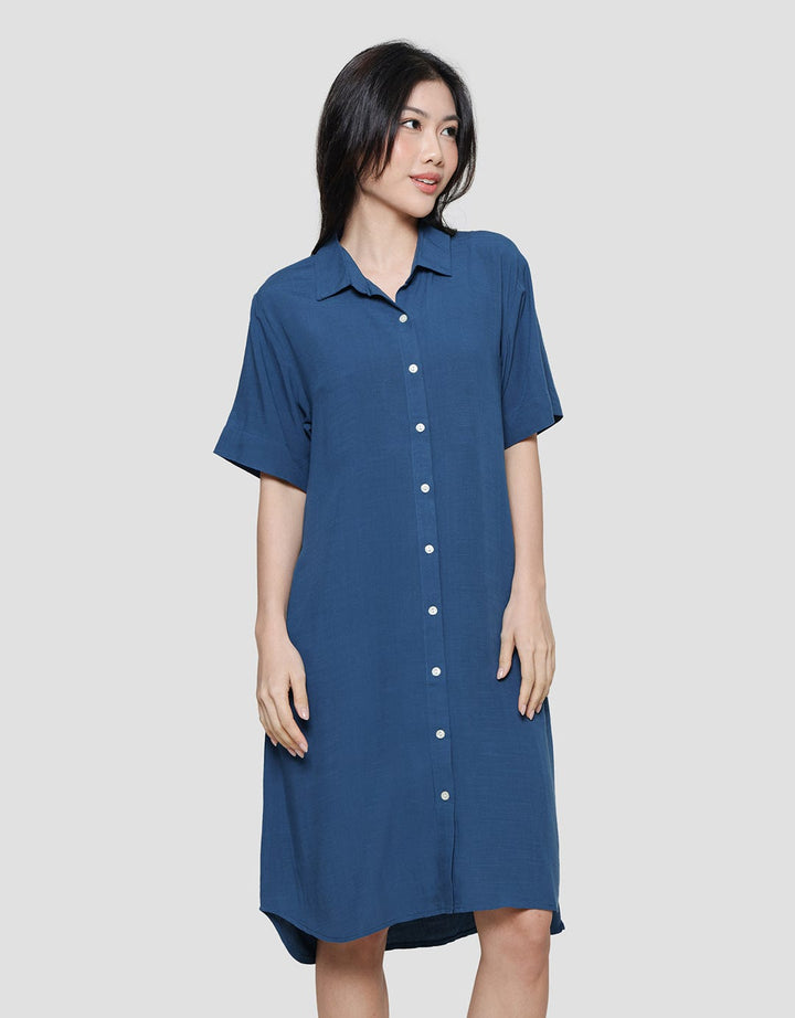 St. Yves Solid Slub Midi Dress Lengan Pendek Wanita
