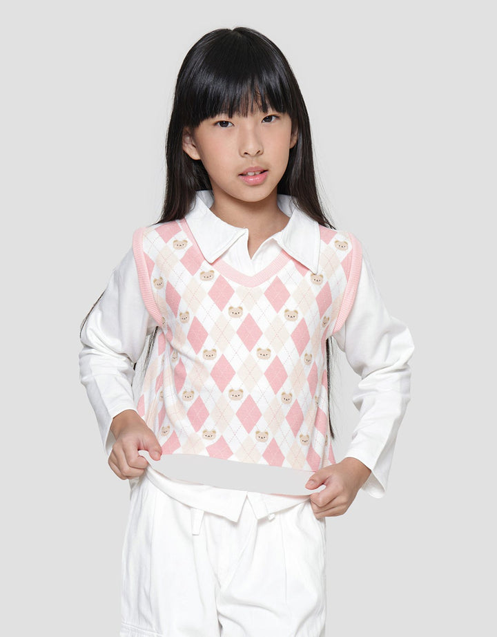 Little M Vest Full Print Diamond Bear Sweater Anak Perempuan