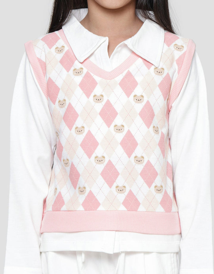 Little M Vest Full Print Diamond Bear Sweater Anak Perempuan