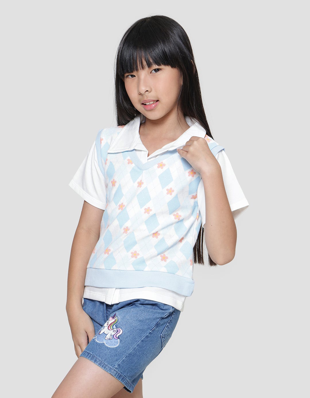 Little M Vest Full Print Diamond Flower Sweater Anak Perempuan
