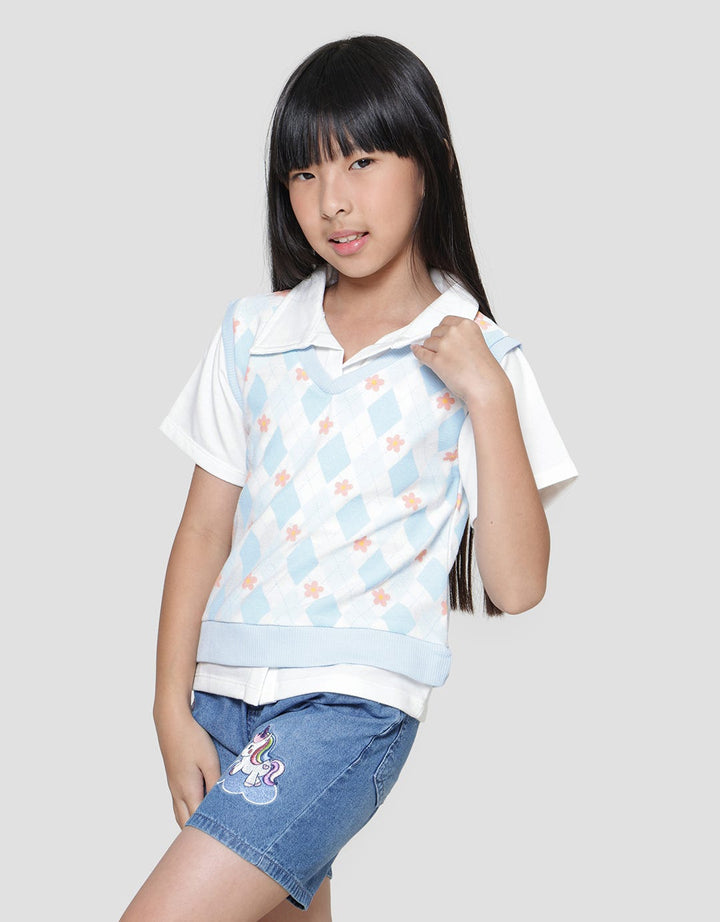 Little M Vest Full Print Diamond Flower Sweater Anak Perempuan