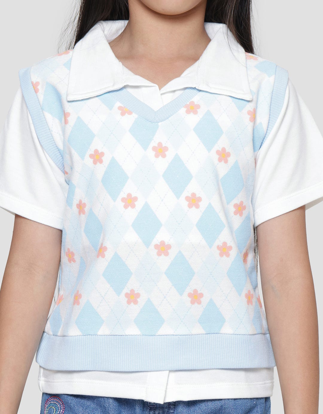 Little M Vest Full Print Diamond Flower Sweater Anak Perempuan