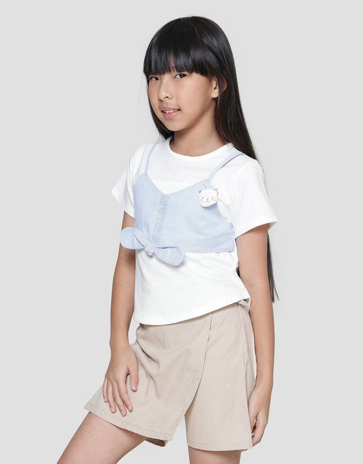 Little M Kombinasi Woven Pita Kucing Kaos Anak Perempuan