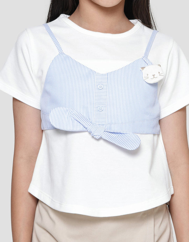 Little M Kombinasi Woven Pita Kucing Kaos Anak Perempuan