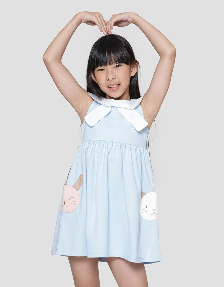 Little M Bow Collar Pockets Application Midi Dress for Girls