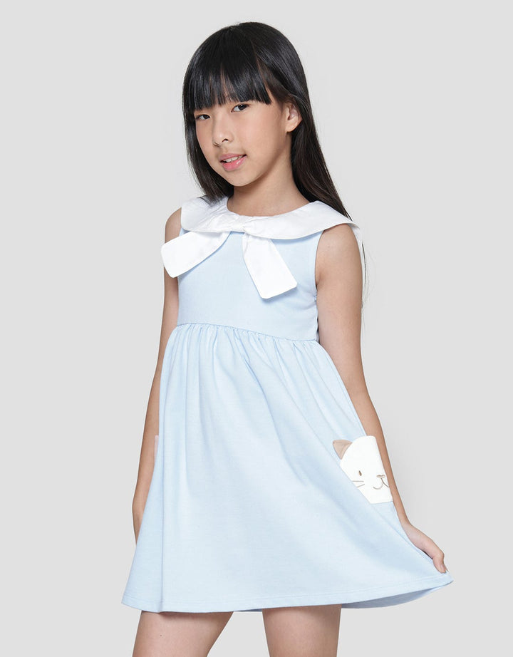 Little M Bow Collar Pockets Application Midi Dress for Girls