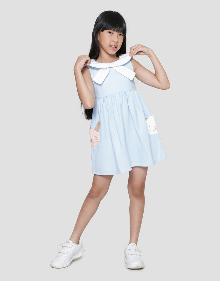 Little M Bow Collar Pockets Application Midi Dress for Girls