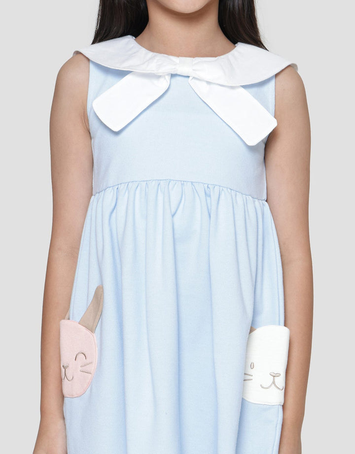 Little M Bow Collar Pockets Application Midi Dress for Girls