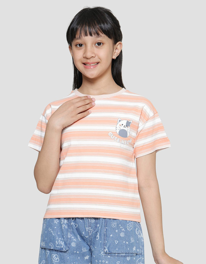 Aero Cute Meow Stripe Kaos Anak Perempuan