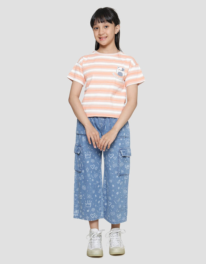 Aero Cute Meow Stripe Kaos Anak Perempuan