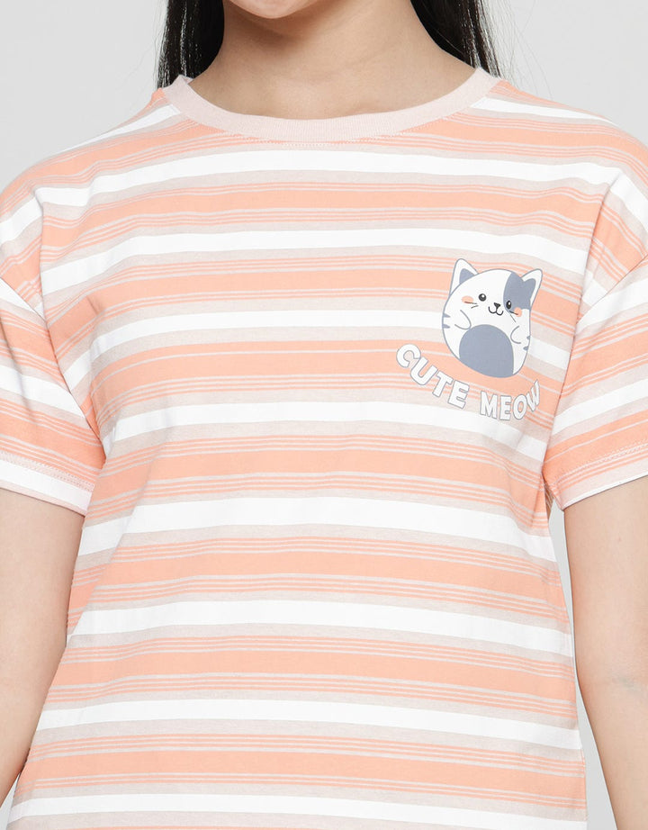 Aero Cute Meow Stripe Kaos Anak Perempuan