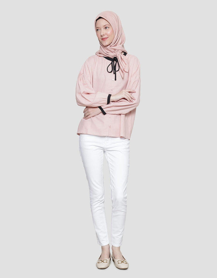 Annisa Linen With Drawstring And Contrast Piping Blouse for Women
