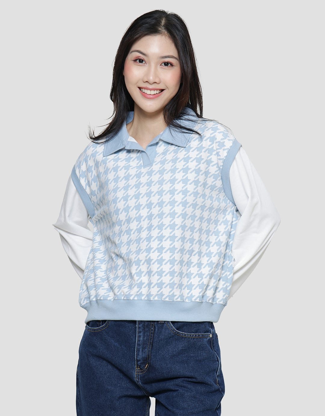 Nevada Neck Houndstooth Pattern Sweater Wanita