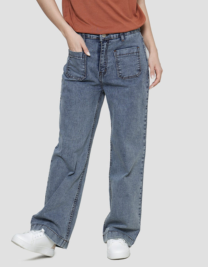 Connexion Wide Leg 2 Pocket Celana Panjang Denim Wanita