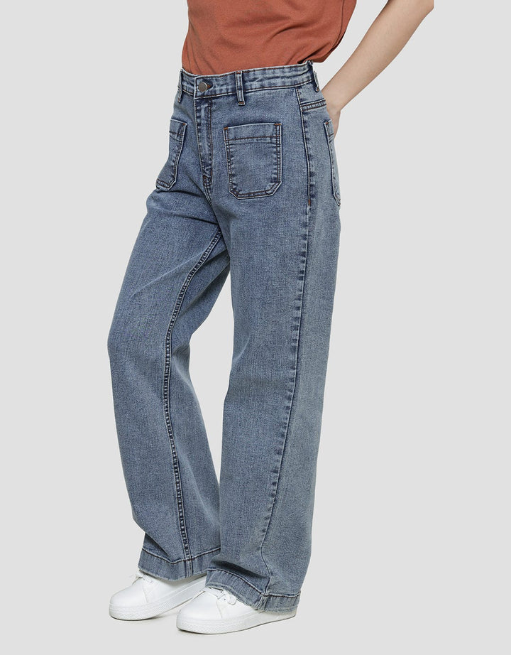 Connexion Wide Leg 2 Pocket Celana Panjang Denim Wanita