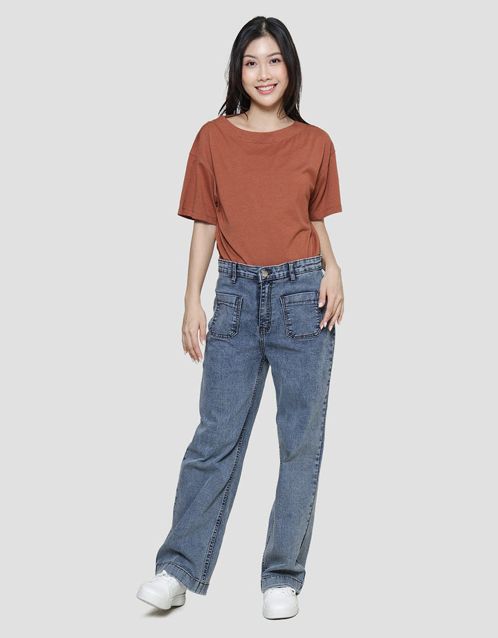 Connexion Wide Leg 2 Pocket Celana Panjang Denim Wanita