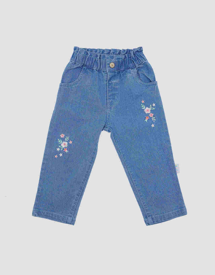 Pipiniko Denim Girls Embroidered 2 Flowers Girls Long Pants