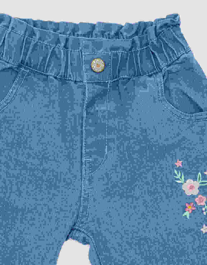 Pipiniko Denim Girls Embroidered 2 Flowers Girls Long Pants