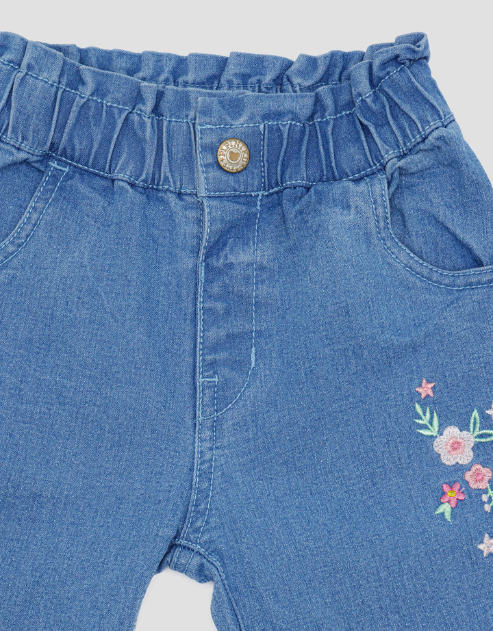 Pipiniko Denim Girls Bordir 2 Bunga Celana Panjang Anak Perempuan
