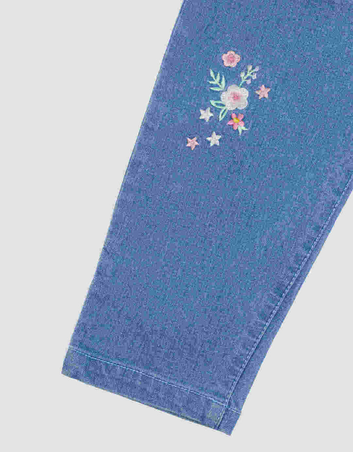 Pipiniko Denim Girls Embroidered 2 Flowers Girls Long Pants