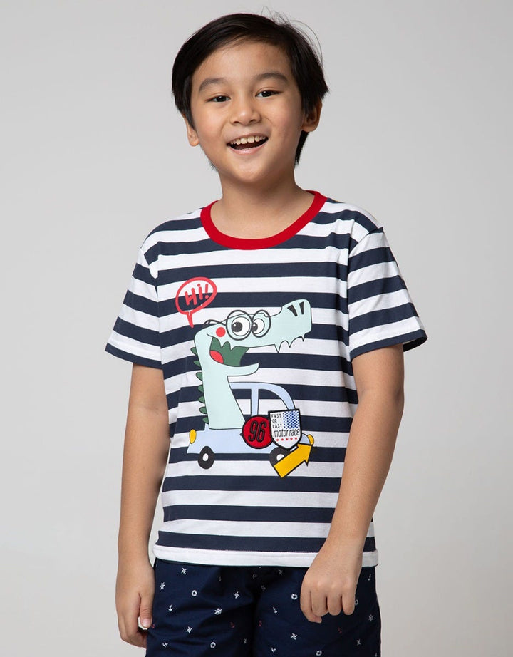 Little M Short Sleeve T-Shirt Stripe Racing Embroidery Application