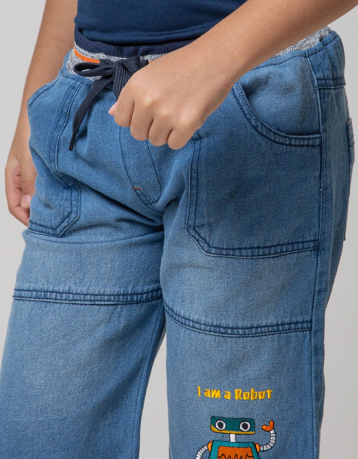 Little M Denim Short Robot Rib Embroidery