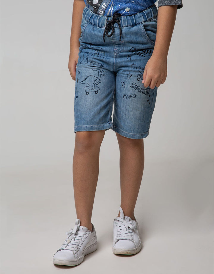 Little M Denim Short Print Dino Non Stretch Karet