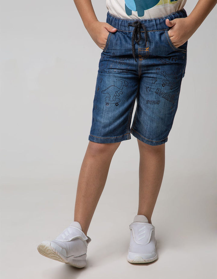 Little M Denim Short Print Dino Non Stretch Karet