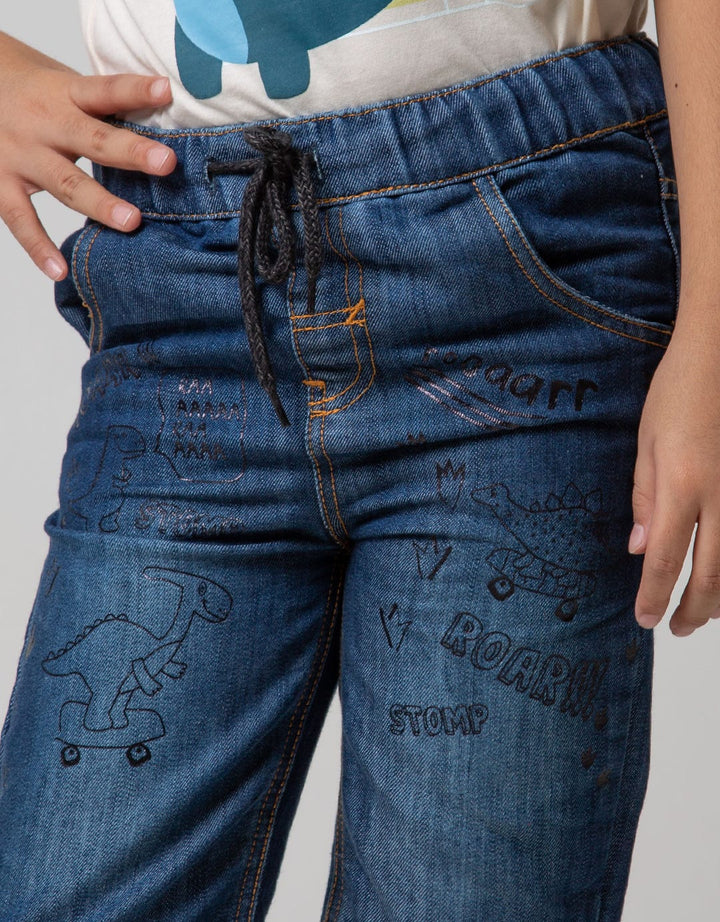 Little M Denim Short Print Dino Non Stretch Karet