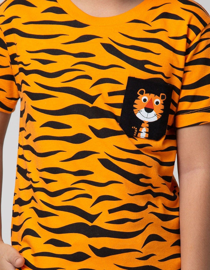 Little M Short Sleeve T-Shirt Fullprint Loreng Tiger Kantong