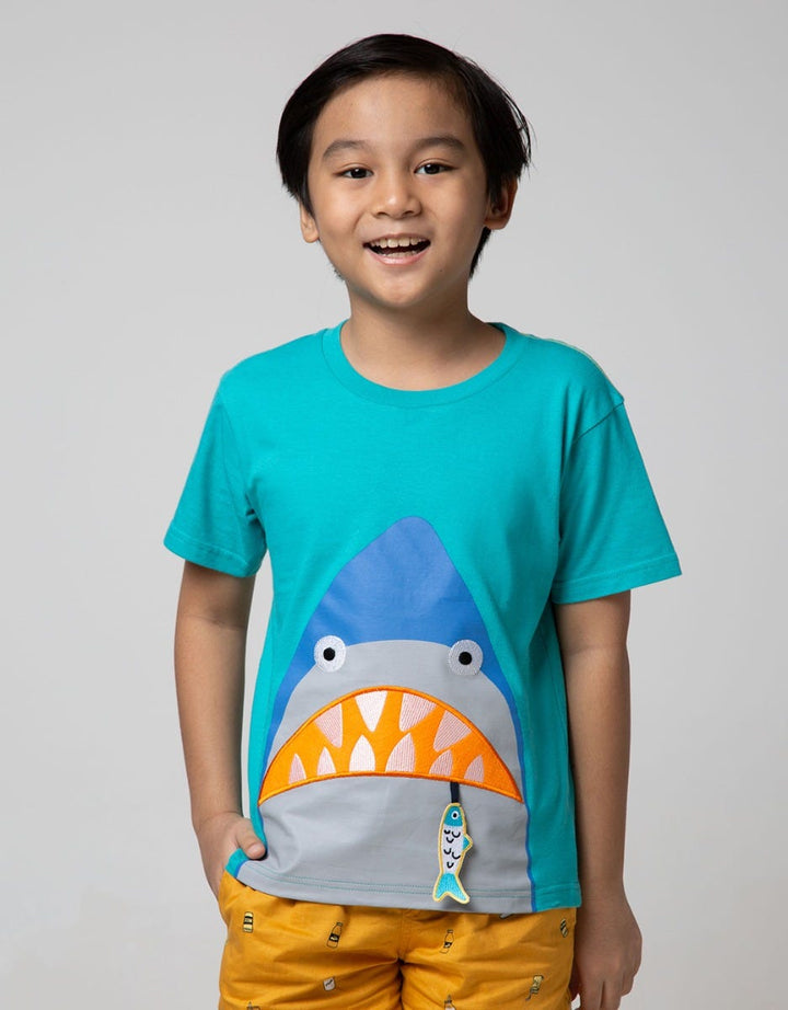 Little M Short Sleeve T-Shirt Shark Fish Hanging Embroidery Application