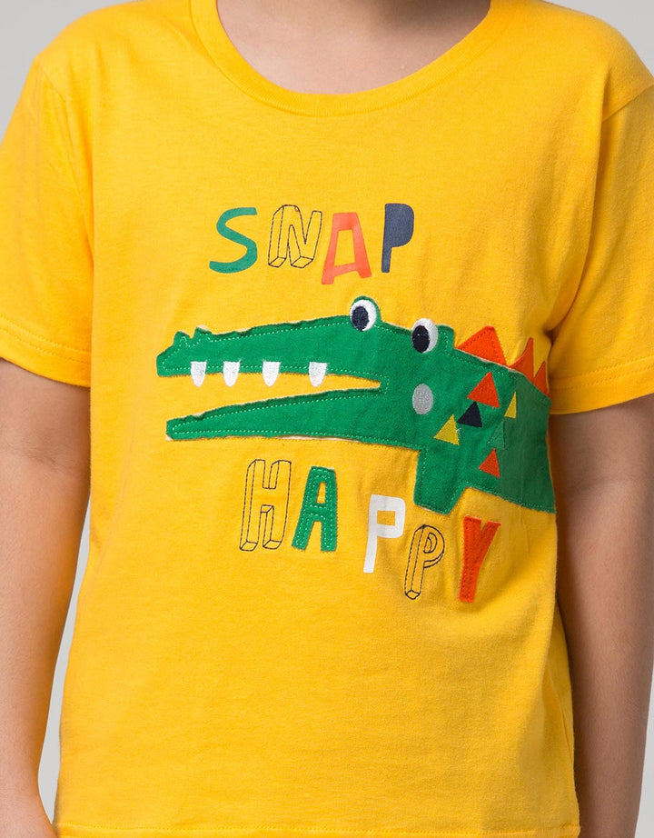 Little M Short Sleeve T-Shirt Croco Snap Happy Embroidery Application