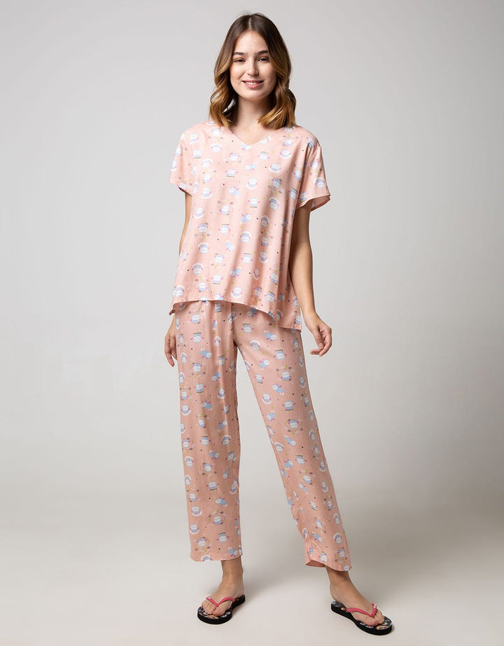 Nevada Short Sleeve Pyjama Pants Owl Carnation