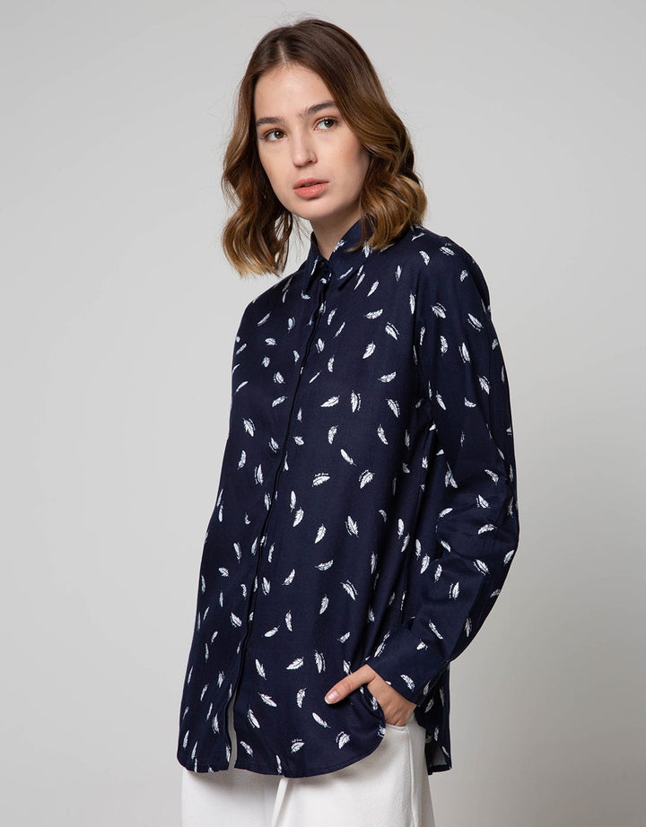 Connexion Long Sleeve Shirt Print Feather Hidden Button