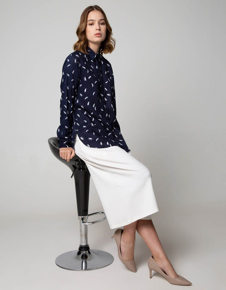 Connexion Long Sleeve Shirt Print Feather Hidden Button