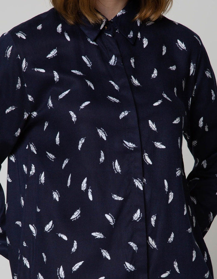 Connexion Long Sleeve Shirt Print Feather Hidden Button