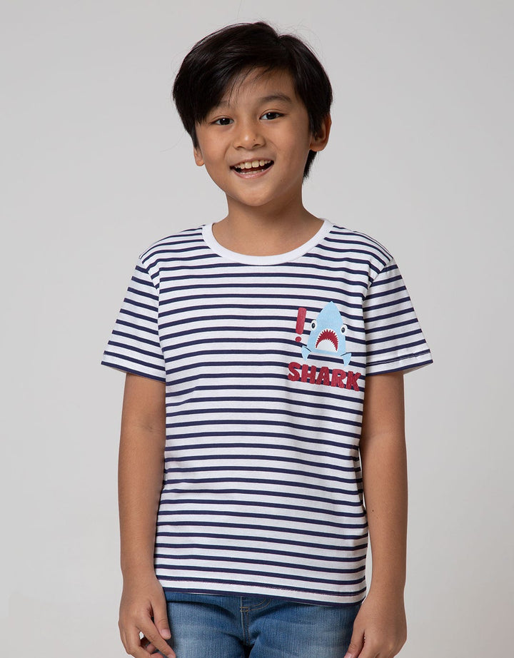 Little M Short Sleeve T-Shirt Stripe Fp Shark Print Embossed