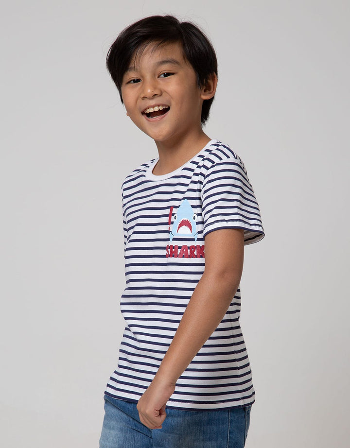 Little M Short Sleeve T-Shirt Stripe Fp Shark Print Embossed