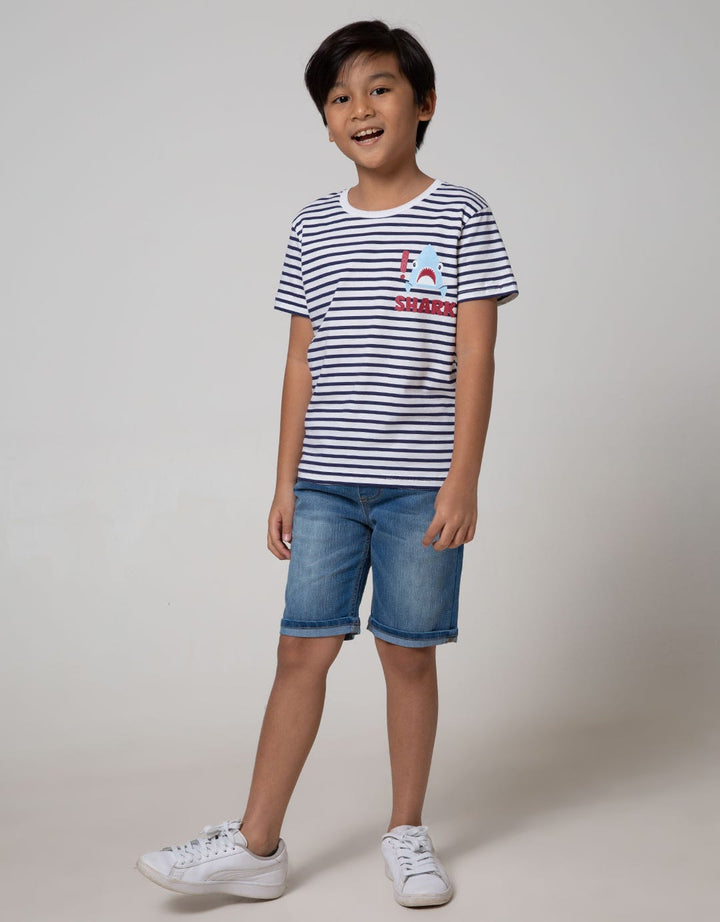 Little M Short Sleeve T-Shirt Stripe Fp Shark Print Embossed