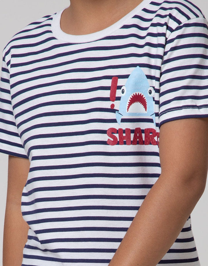 Little M Short Sleeve T-Shirt Stripe Fp Shark Print Embossed